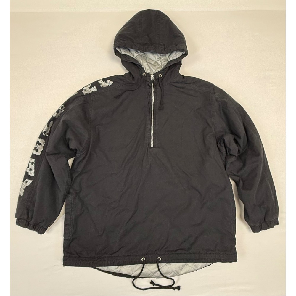 Vtg Unionbay Men's Anorak Hoodie Jacket Black Quilted Lined Graphic Print Size M